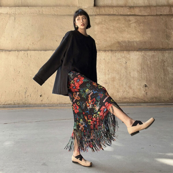 Pleats Please Issey Miyake Style Pleated Skirt, Long Flower Print Skirt with Tassels