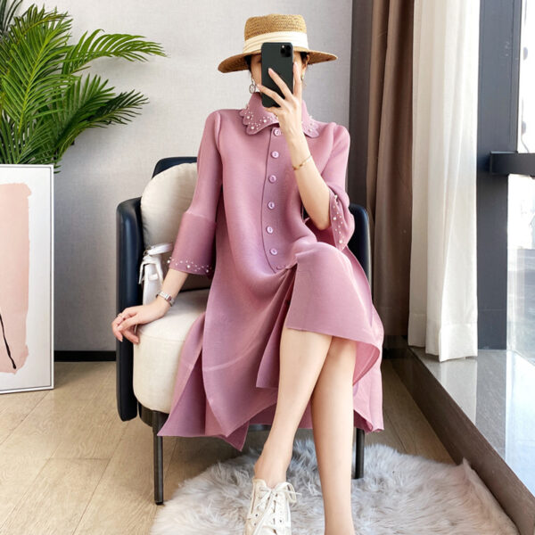 Pleats Please Issey Miyake Style Pleated Dress with Pearl Studded Sleeves and Collar