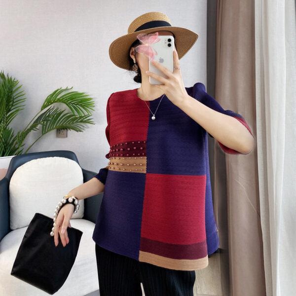 Pleats Please Issey Miyake Style Geometric Print Pleated Top Pearl Studded
