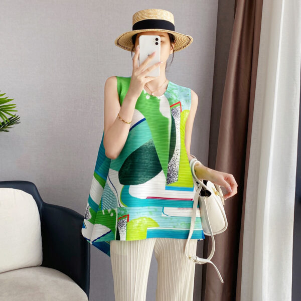 Pleats Please Issey Miyake Fabric Pleated Sleeveless Top with Geometric Print