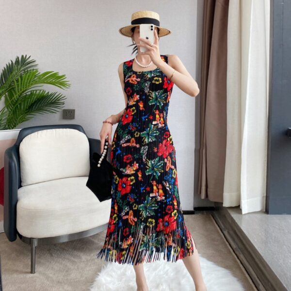 Pleats Please Issey Miyake Style Pleated Sleeveless Dress with Party Tassel Fring