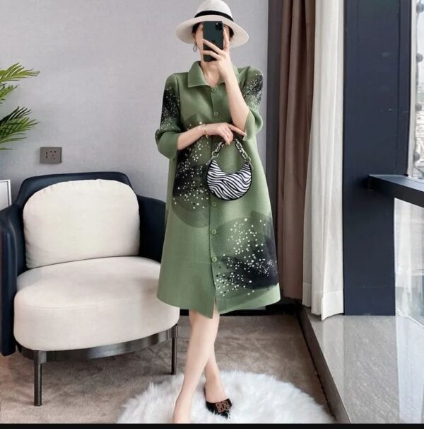 Pleats Please Issey Miyake Fabric Pleated Dress with Floral Printing and Buttons