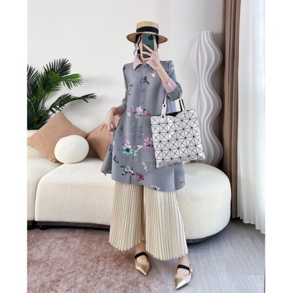 Pleats Please Issey Miyake Fabric Pleated Dress with Floral Printing and Buttons