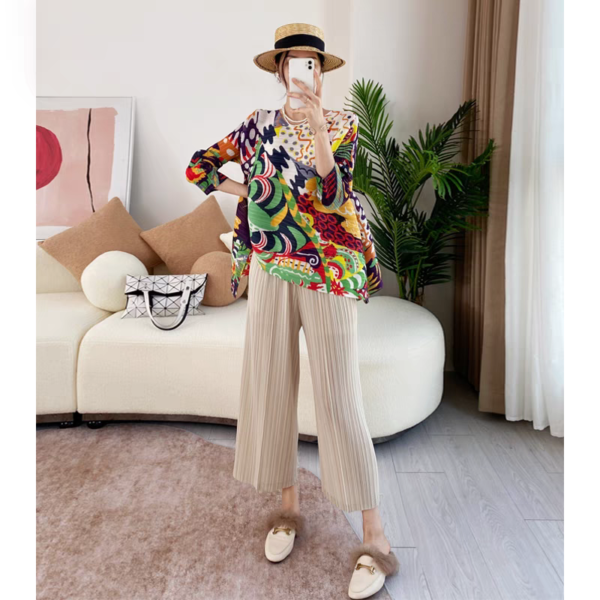 Pleats Please Issey Miyake Fabric Pleated Top with Colorful Geometric Pattern