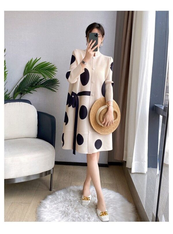 Pleats Please Issey Miyake Fabric Polkadot Print Pleated Dress with Buttons
