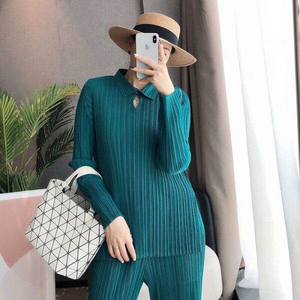 Pleats Please Issey Miyake Fabric Pleated Long Sleeve Top with Polo Neck