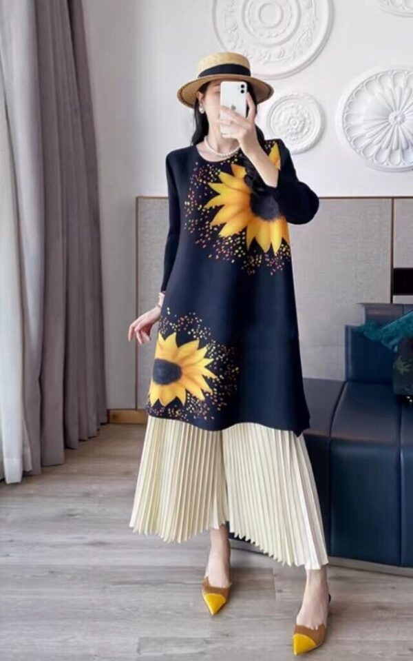 Pleats Please Issey Miyake Fabric Pleated Long Sleeve Dress Sun Flower Print