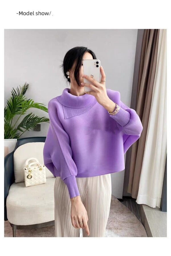 Pleats Please Issey Miyake Fabric Pleated Top, Stand Collar and Batwing Blouse