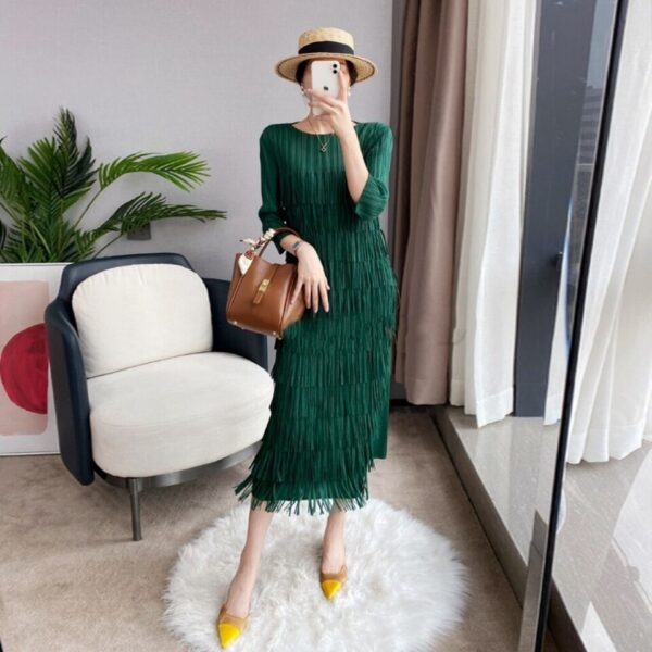 Pleats Please Issey Miyake Style Long Sleeve Pleated Dress with Party Tassel Fringe