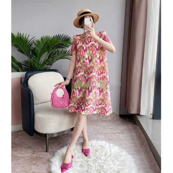 Pleats Please Issey Miyake Style Colorful Floral Print Pleated Dress, Short Sleeve Pleated Dress