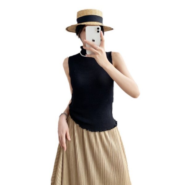 Pleats Please Issey Miyake Style Pleated Sleeveless Top, High Neck Pleated Top