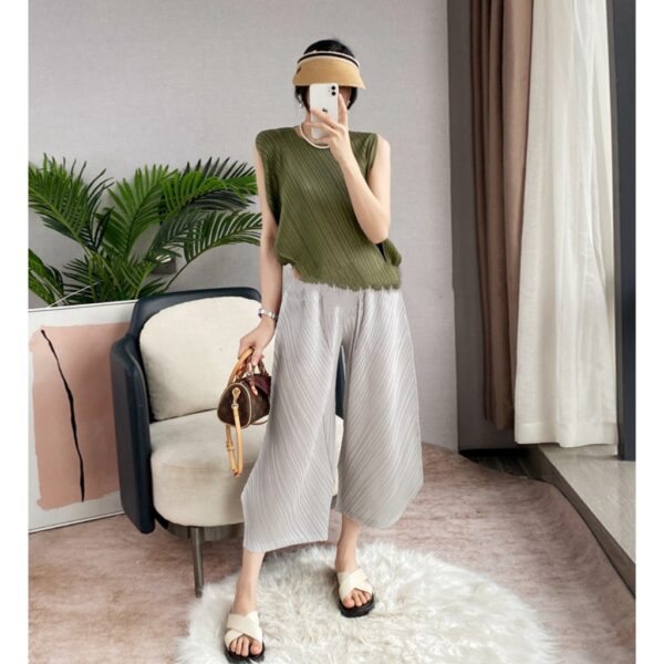 Pleats Please Issey Miyake Style Pleated Sleeveless Top, Uneven Length Pleated Blouse