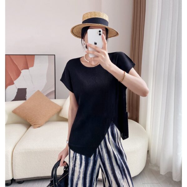 Pleats Please Issey Miyake Style Pleated Short SleeveTop, Uneven Design Pleated Top