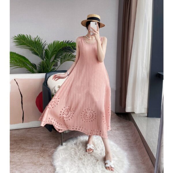 Pleats Please Issey Miyake Style Pleated Sleeveless Dress, Floral Brunout Design Dress