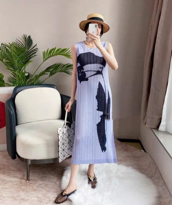 Pleats Please Issey Miyake Fabric Pleated Dress, Graffiti Print Dress Side Slit