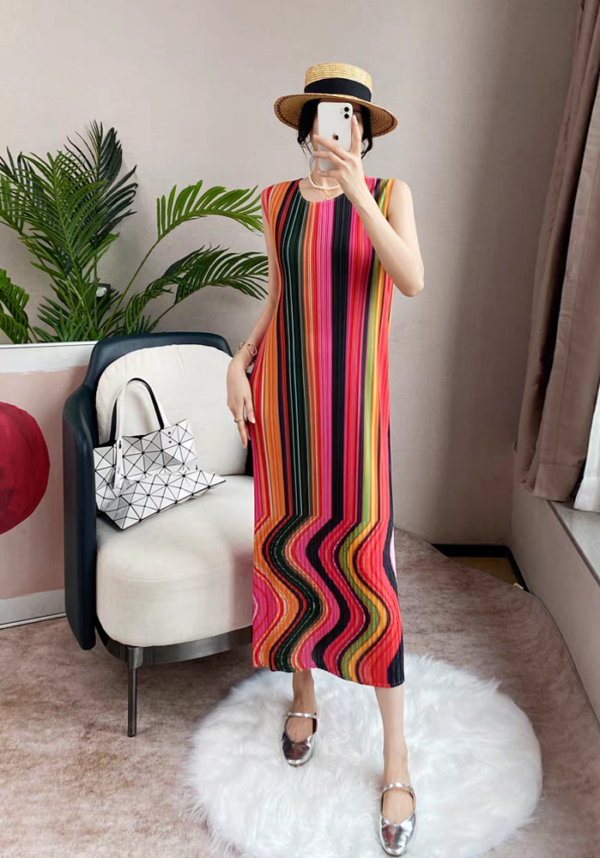 Pleats Please Issey Miyake Fabric Pleated Sleeveless Dress with Geometric Print