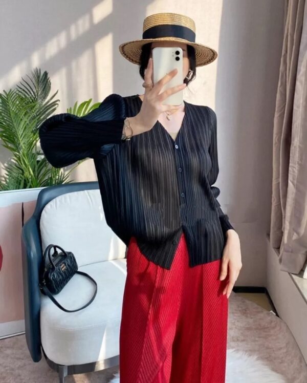 Pleats Please Issey Miyake Fabric Pleated Long Sleeve V Neck Blouse with Buttons
